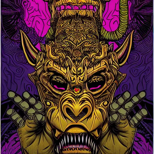 Prompt: barong family member with face and hands crossed, wiwek, mara demon, one single tribe member, jungle, one single mask, dark, ancient warrior, gorilla, lizard, tribal, inner glow, art by dan mumford and justin gerard