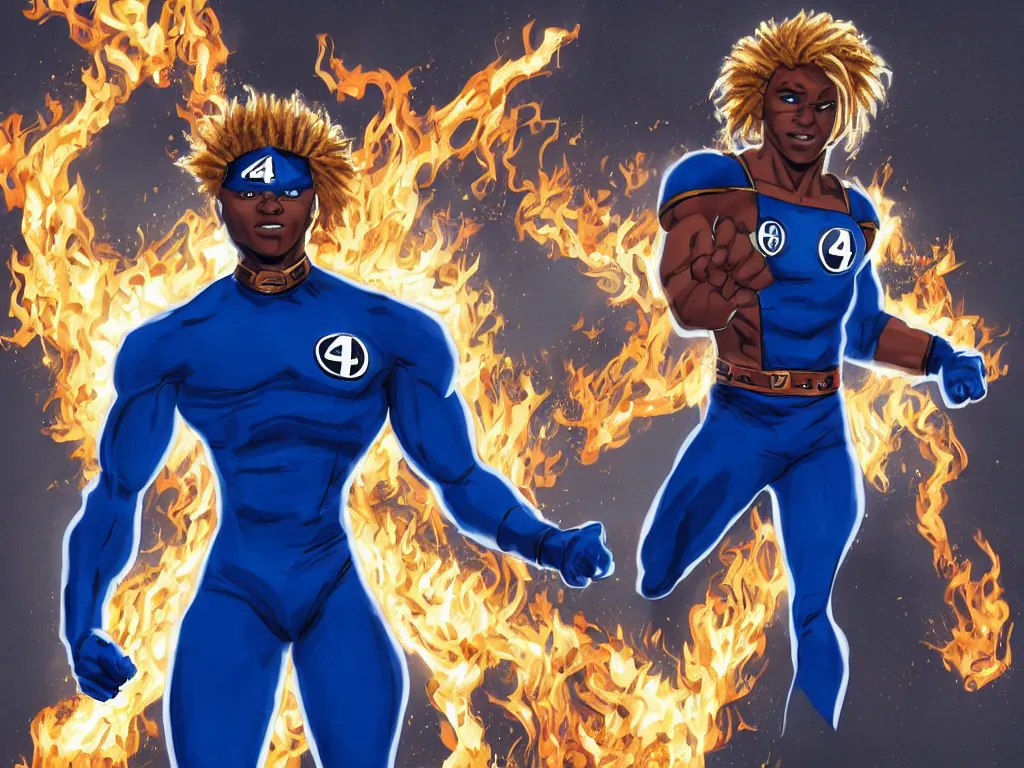 Image similar to African American Johnny Storm young male superhero of the fantastic four with flaming brown dreadlocks hair, blue uniform with the number 4 on the chest in a round logo, cinematic, high detail, no imperfections, extreme realism, high detail, extremely symmetric facial features, hyper realistic, dramatic lighting, unreal engine, by Stephen Spielberg