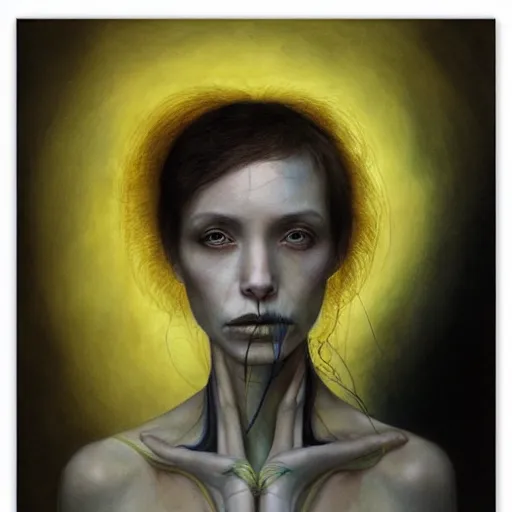 Prompt: masterpiece portrait woman, bones and veins, yellow, marco mazzoni, zdzislaw beksinksi