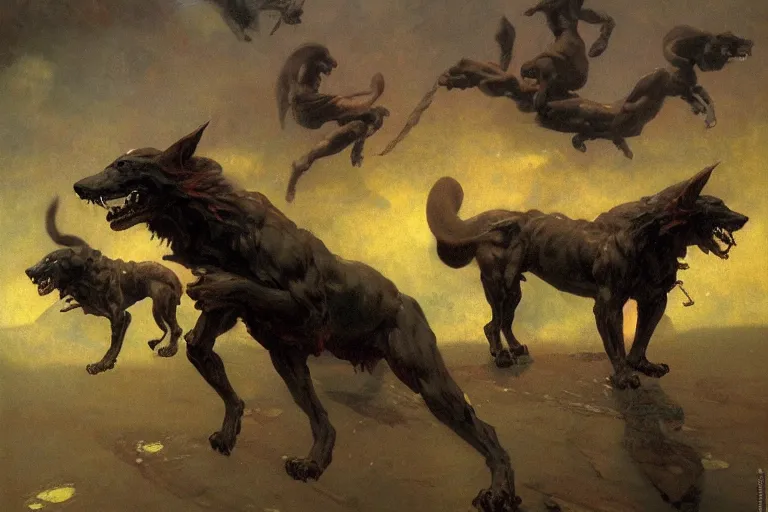 Image similar to hyperdetailed matte art of cerberus by ilya repin, amano, rene magritte, craig mullins