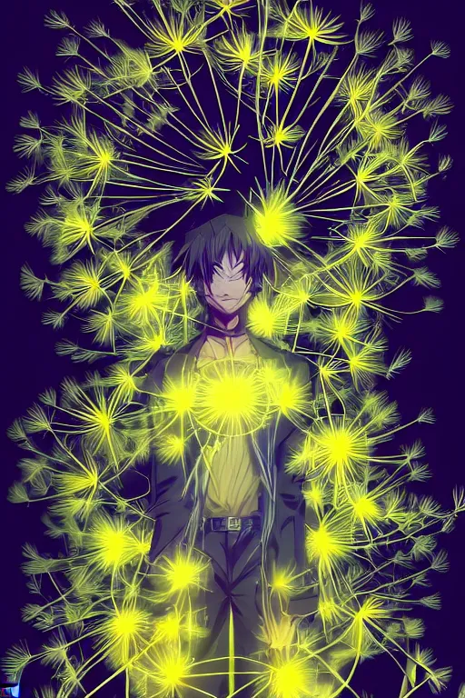 Image similar to amber glowing luminescent dandelion male anime character, symmetrical, highly detailed, digital art, sharp focus, trending on art station, amber eyes, autumnal colours