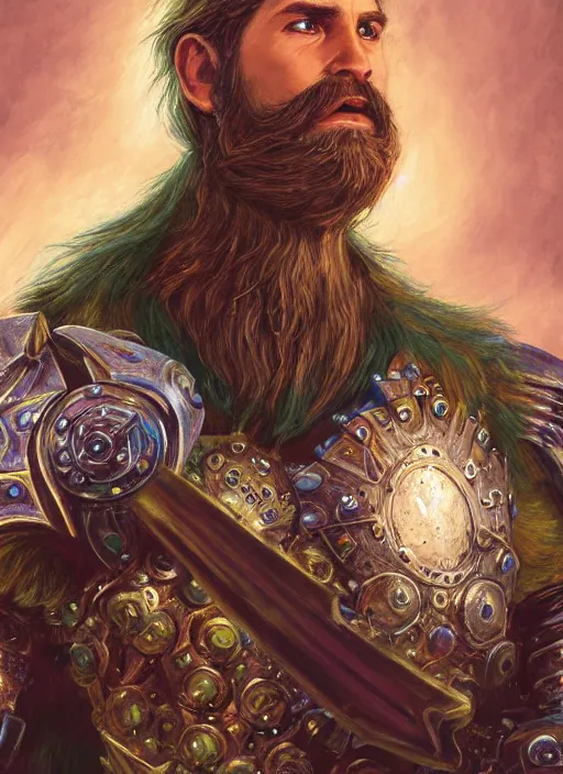 Prompt: A Human Male Paladin, highly detailed face, glowing white eyes, shaggy hair, scruffy brown beard, Teal flames surrounding, medium armor, wings, fantasy, intricate, elegant, highly detailed, digital painting, artstation, concept art, smooth, sharp focus, illustration, art by Larry Elmore and Jeff Easley and Clyde Caldwell