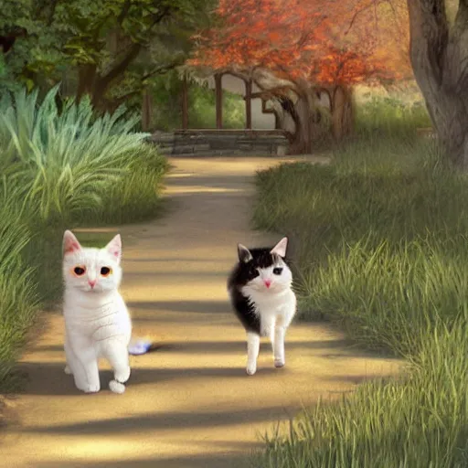 Image similar to two calico cats walking together outside on a beautiful day, cute storybook illustration, trending on artstation, cgsociety, beautiful painting