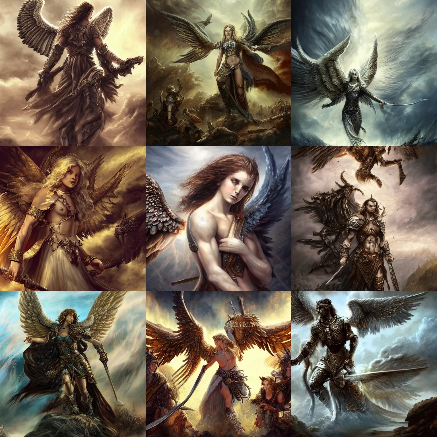 Prompt: epic illustration of angels and warriors, fantasy art, realistic painting, high definition, digital art, matte painting, very detailed, realistic