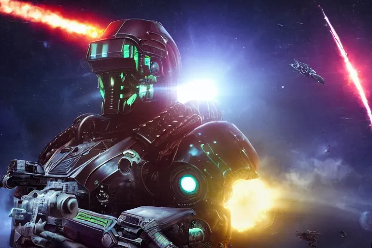 Prompt: VFX movie of a futuristic inhuman alien spacemarines in future spaceship, firing gun at space pirates detailed creature skin neon lighting combat by Michael Bay