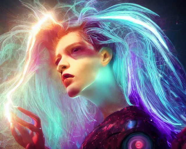 Image similar to glowing hair, singularity, complex cybernetic beings, beautiful hairy humanoids, cybergods, cybermagnetosphere, cybernetic civilizations, ornate hair, love, joy, vortexes, large arrays, data holograms, 8 k, cinematic light shadows, wet hdr refractions