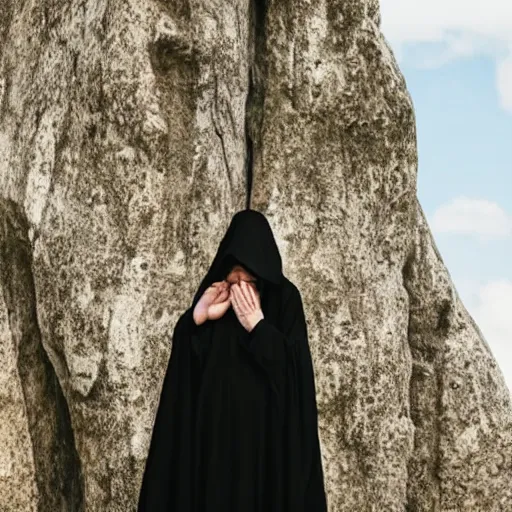 Prompt: A woman wearing a black cloak praying the gods for forgiveness