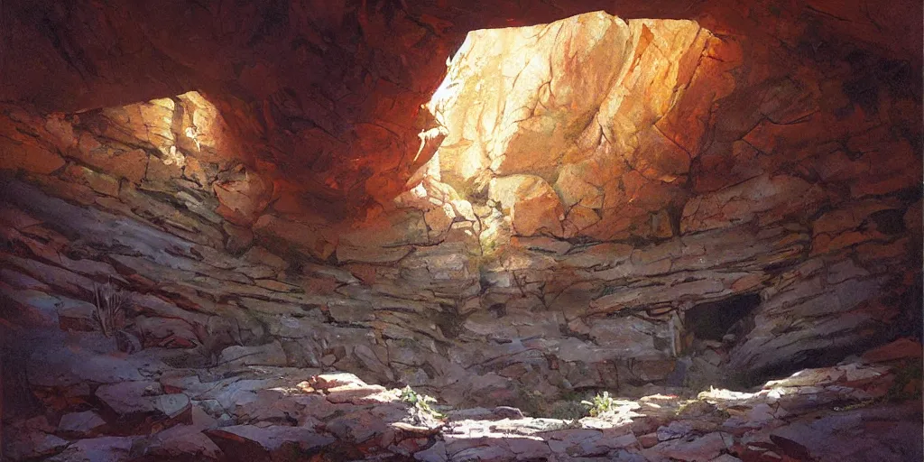 Prompt: painting of majestic curved wall in a dark cave with rocky ground, art by james gurney and greg rutkowski, vivid colors