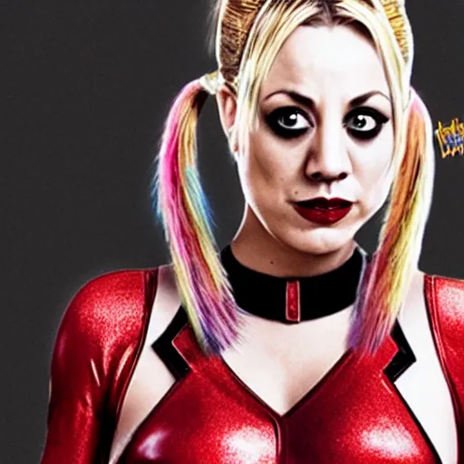 Image similar to A still of Kaley Cuoco as Harley Quinn