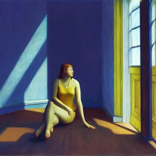 Prompt: a young girl in a blue golden room, film still by edward hopper, by Bosch, by klimt, art noveau, highly detailed, strong lights, liminal, eerie, Bright pastel colors