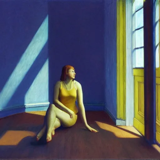 Image similar to a young girl in a blue golden room, film still by edward hopper, by Bosch, by klimt, art noveau, highly detailed, strong lights, liminal, eerie, Bright pastel colors