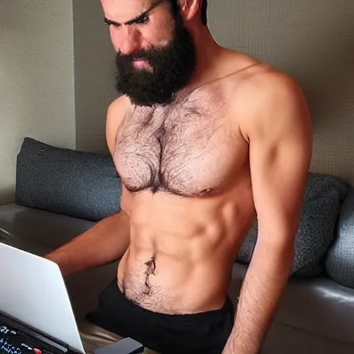 Image similar to a chad with wavy black hair and a beard. muscular. godlike. tank top. using a computer.