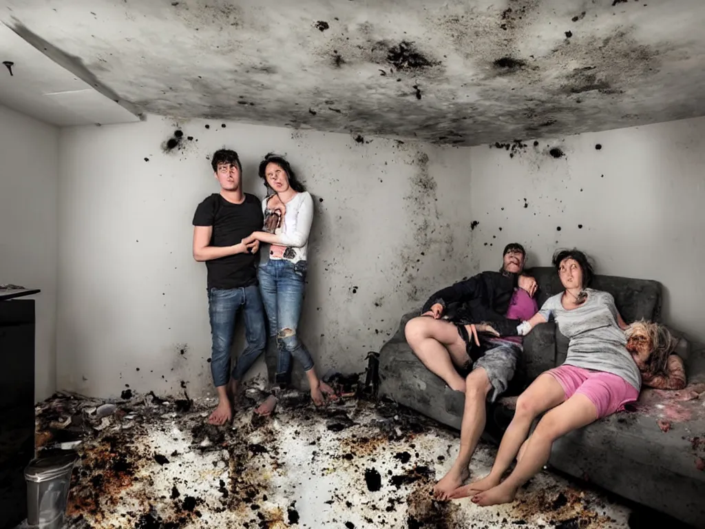 Image similar to a photograph of a man and a woman in a disgustingly filthy apartment, they are mouldy and obviously intoxicated. they have merged with the walls and ceiling, levitating above a cloud of nebulous dogs