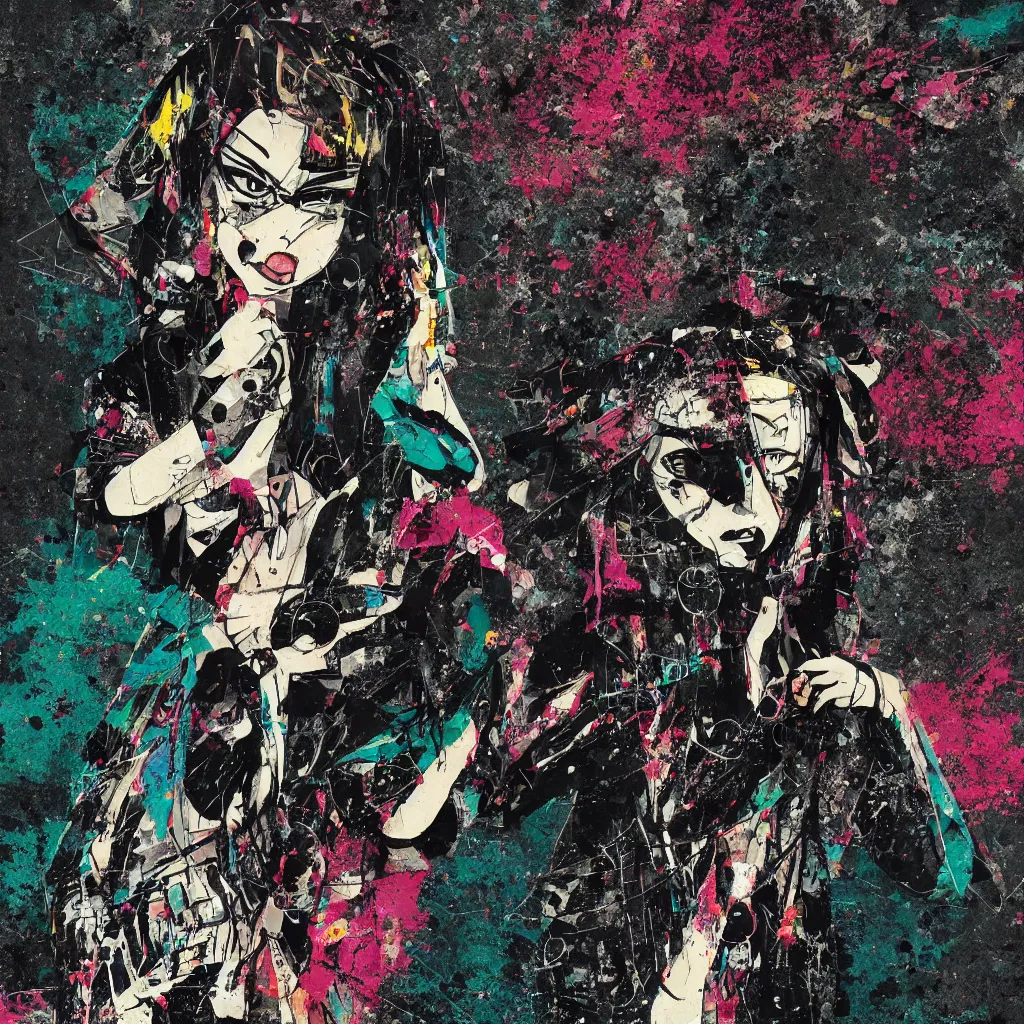 Image similar to girl figure, abstract, jet set radio artwork, ryuta ueda artwork, cryptic, rips, spots, asymmetry, stipple, lines, glitches, color tearing, pitch bending, stripes, dark, ominous, eerie, hearts, minimal, points, otomo katsuhiro artwork, technical, natsumi mukai artwrok, folds