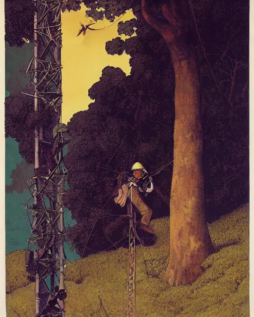 Prompt: a hornet nest on a telephone pole and a lineman working on the pole. full color lithograph by maxfield parrish