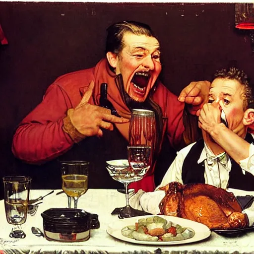 Prompt: a drunken man yelling at his brother, thanksgiving dinner, by norman rockwell