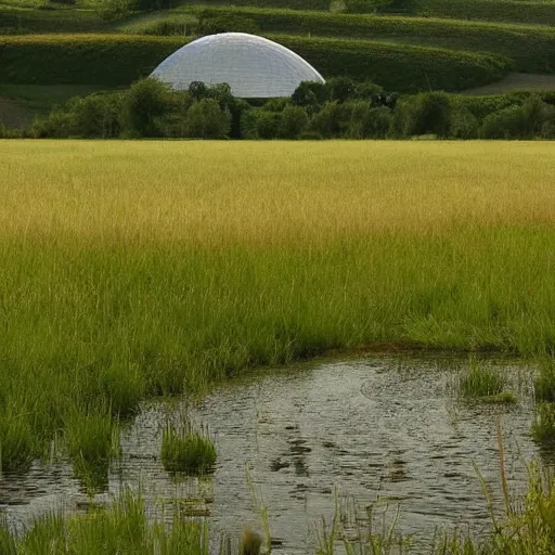 Prompt: a field with a house in the distance, a small stream flowing through the field, all inside a giant dome