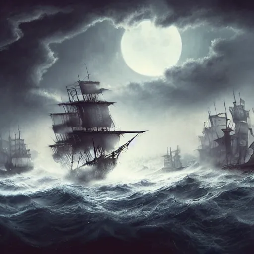 Image similar to ghostly pirate ship sailing on a raging sea, concept art, highly detailed, intricate, dark colour, tense atmosphere, night sky full of star