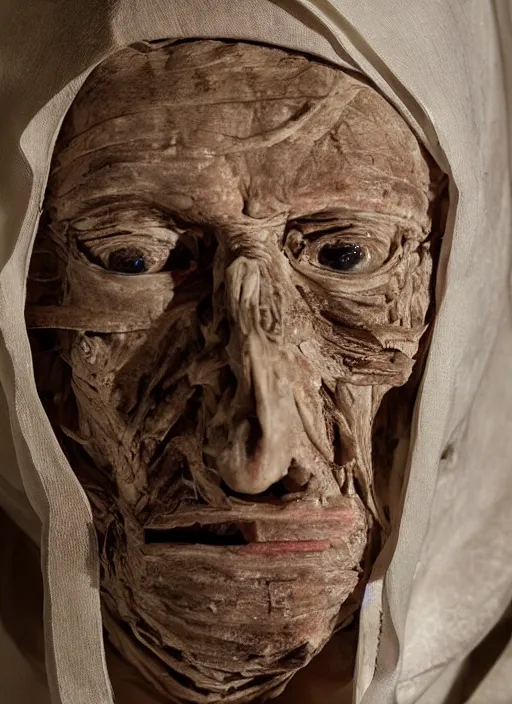 Image similar to mummified pope in his throne at the vatican, desiccated, close - up portrait, mitre, hyper realistic, sharp focus, highly detailed