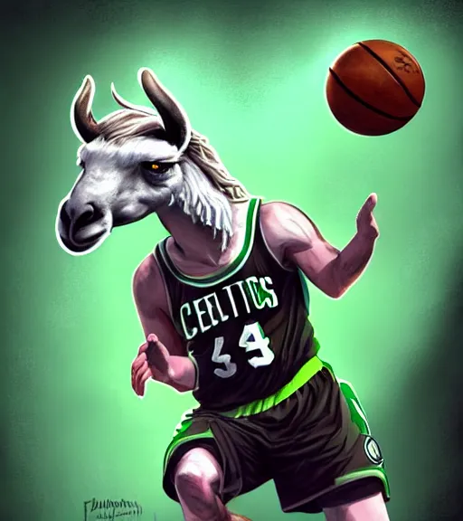 Image similar to photorealistic anthropomorphic llama as larry bird playing basketball in celtics outfit, playing in a nba court, crewson photography, dnd character art portrait, deviantart artstation, by jason felix by steve argyle by tyler jacobson by peter mohrbacher, cinematic lighting