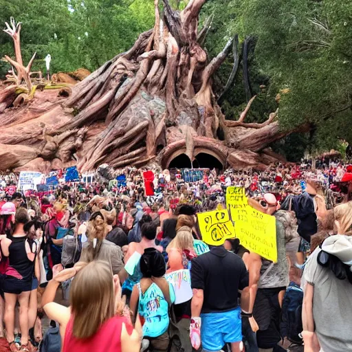 Prompt: splash mountain with protesters out front