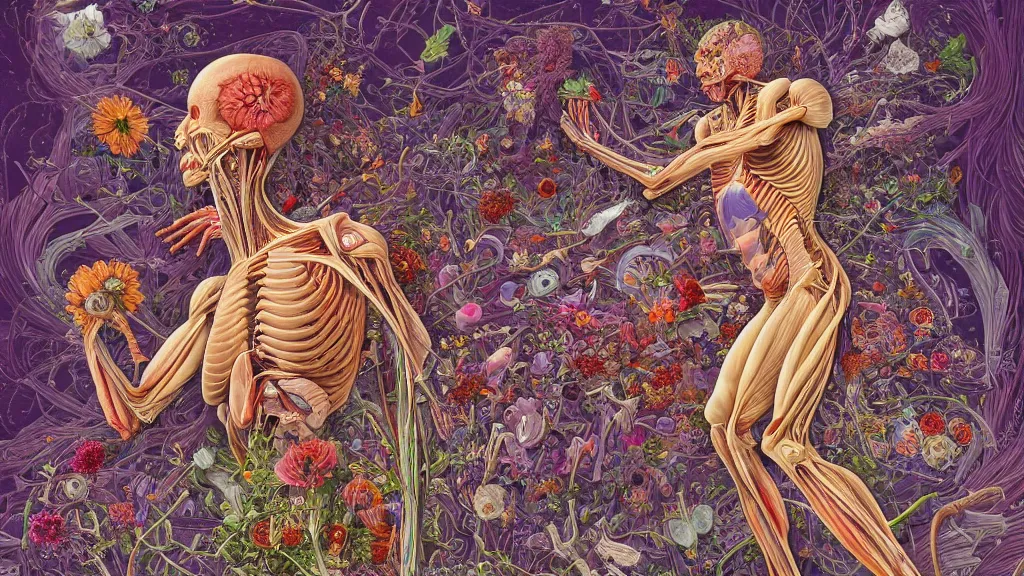 Prompt: highly detailed illustration of a human anatomy body exploded by all the known species of flowers by juan gatti, by moebius!, by oliver vernon, by joseph moncada, by damon soule, by manabu ikeda, by kyle hotz, by dan mumford, by kilian eng