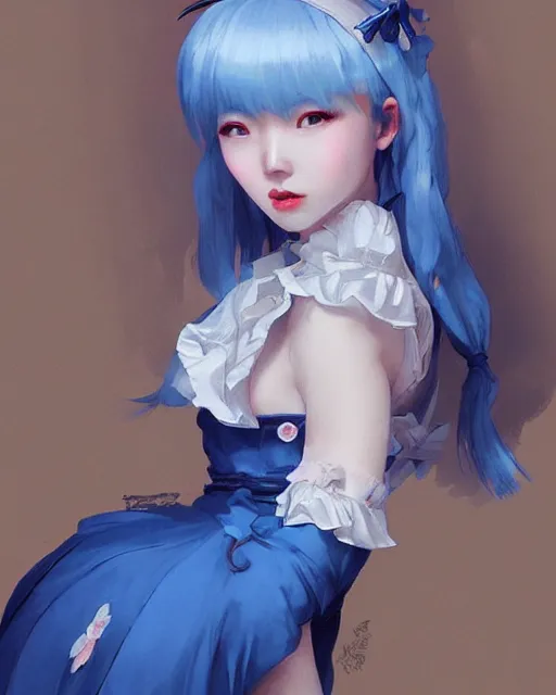 Prompt: symmetrical portrait of a pretty korean girl with blue hair dressed as a french maid digital painting, 8 k, concept art, art by wlop, artgerm, greg rutkowski and alphonse mucha