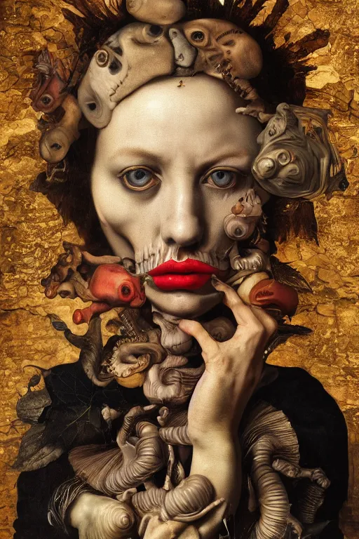 Image similar to Detailed maximalist portrait with large lips and with large wide eyes, surprised expression, surreal extra flesh and bones, HD mixed media, 3D collage, highly detailed and intricate, illustration in the golden ratio, in the style of Caravaggio, dark art, baroque