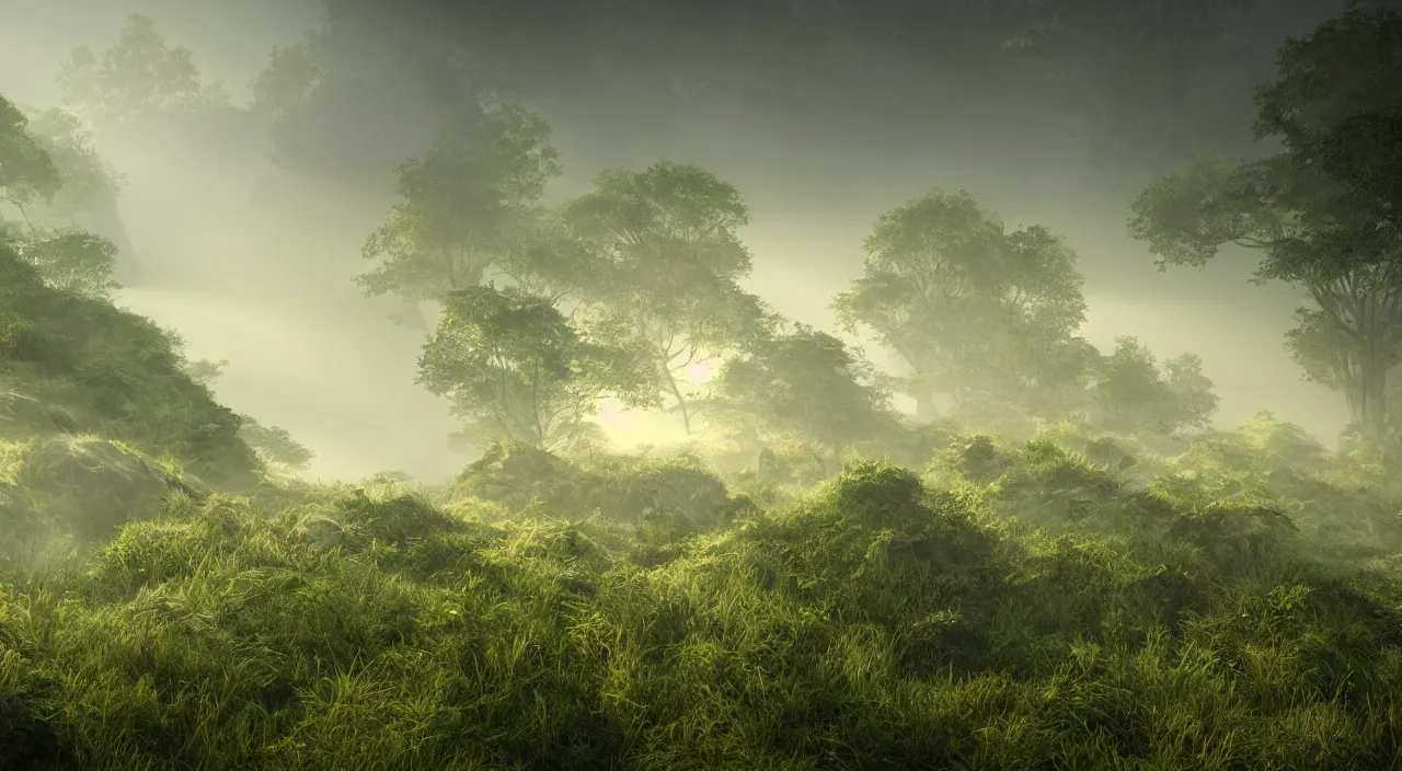 Image similar to photorealistic misty moors overgrowth undergrowth jagged rock features volumetric fog light rays high contrast dawn