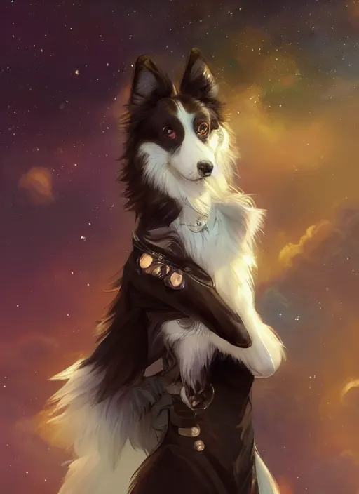 Image similar to beautiful wide angle full body portrait of a cute male anthropomorphic anthro border collie fursona wearing an evening gown in outer space, character design by charlie bowater, henry asencio, and ross tran, scenic background, detailed, glamor pose, aesthetic, furry, trending on artstation, furaffinity, deviantart