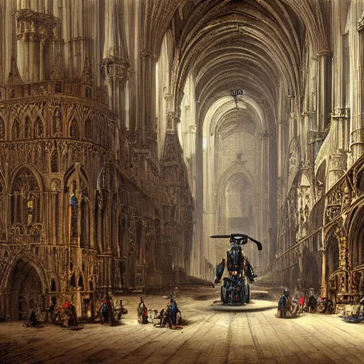 Prompt: robot managing a drone in the interior of a highly detailed cathedral, in the style of samuel prout, highly detailed, elegant, intrincate, colorful, vivid, realist style, hyperdetailed, 4 k resolution, matte painting