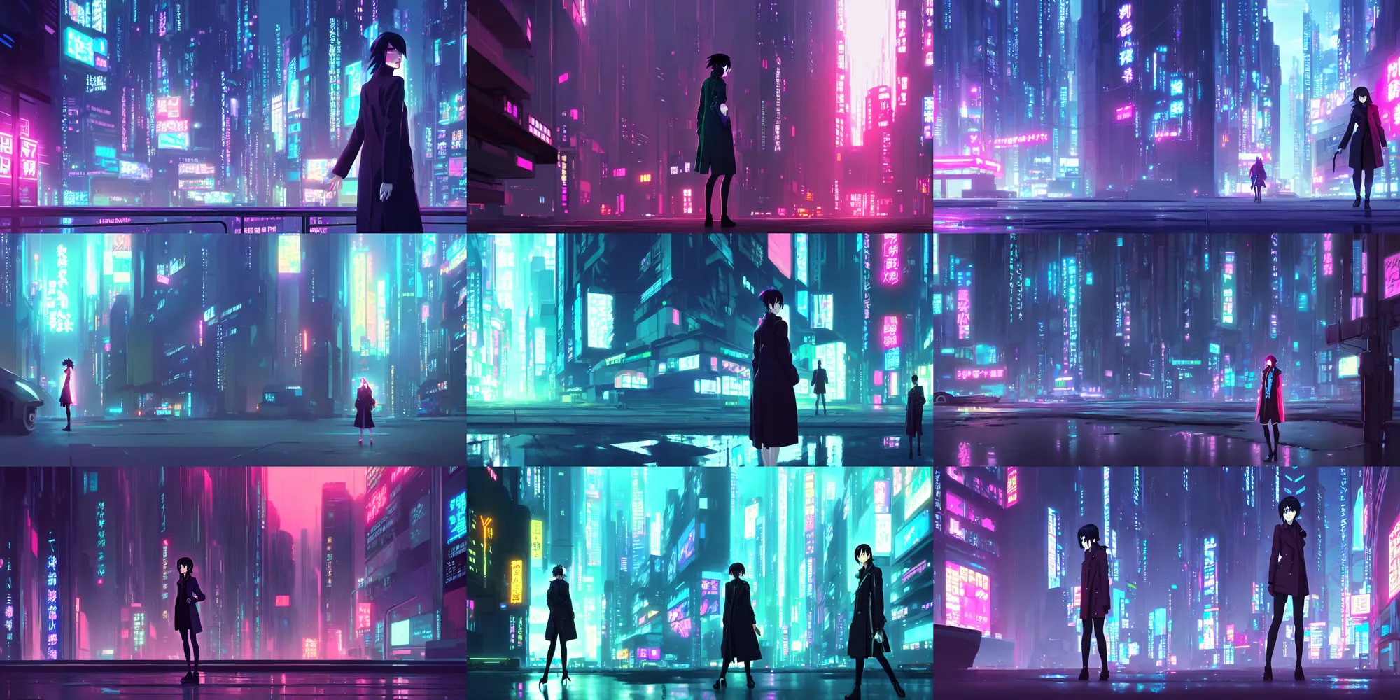 Prompt: a high definition screenshot from the ( ( ( neon ) ) ) noir cyberpunk anime film ; a female detective in a trenchcoat investigates a dreamworld, digital painting by makoto shinkai and martin ansin, surrealism, trending on artstation