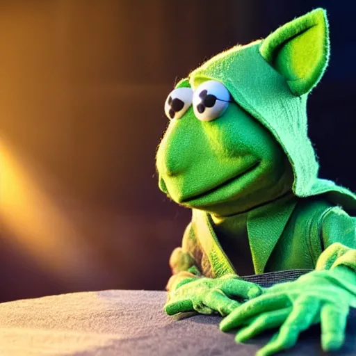 Image similar to action shot of kermit the frog as Yoda in Star Wars, dramatic light, god rays, very detailed