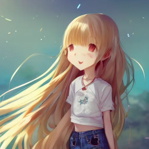 Image similar to a very beautiful anime girl, full body, long golden hair reaching the ground, sky blue eyes, full round face, short smile, mini jeans skirt, cute top,golden room, cinematic lighting, medium shot, mid-shot, highly detailed, trending on Artstation, Unreal Engine 4k, cinematic wallpaper by Stanley Artgerm Lau, WLOP, Rossdraws, James Jean, Andrei Riabovitchev, Marc Simonetti, and Sakimichan