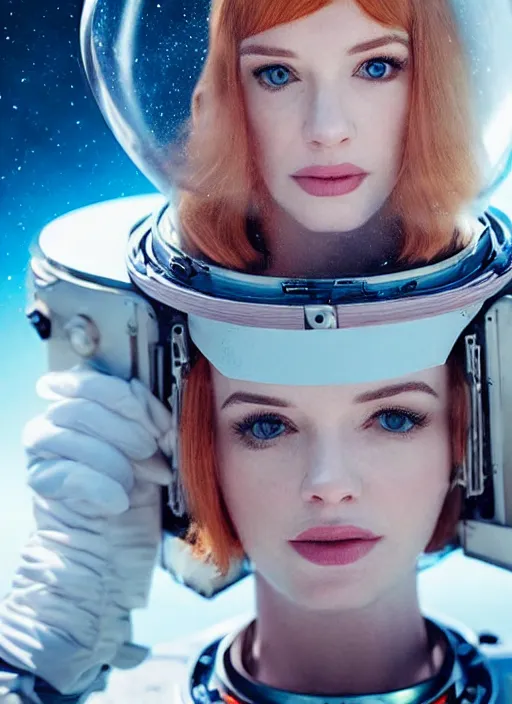 Prompt: upper body photograph portrait of a very pretty!!! christina hendricks in starfield, symmetric face, petzval lens. out of focus, in an astronaut costume. futuristic helmet with neck protection, space station. by alesio albi and george lucas and stanley kubrick