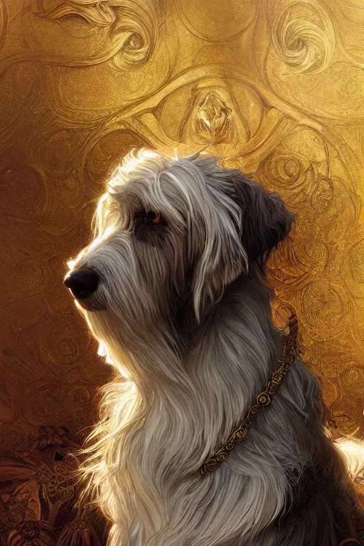 Prompt: a beautiful shaggy dog, gold jewellery, dnd, fantasy, intricate, elegant, highly detailed, digital painting, artstation, concept art, smooth, sharp focus, illustration, art by artgerm and greg rutkowski and alphonse mucha