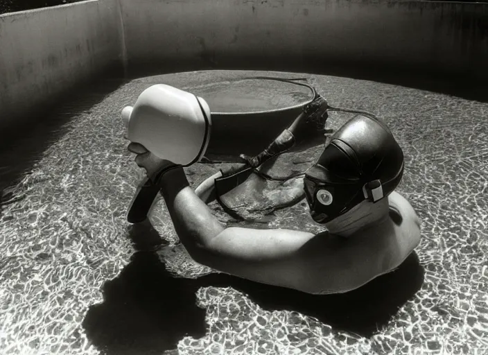 Prompt: welder in welding mask in swimming pool, by richard avedon, tri - x pan stock