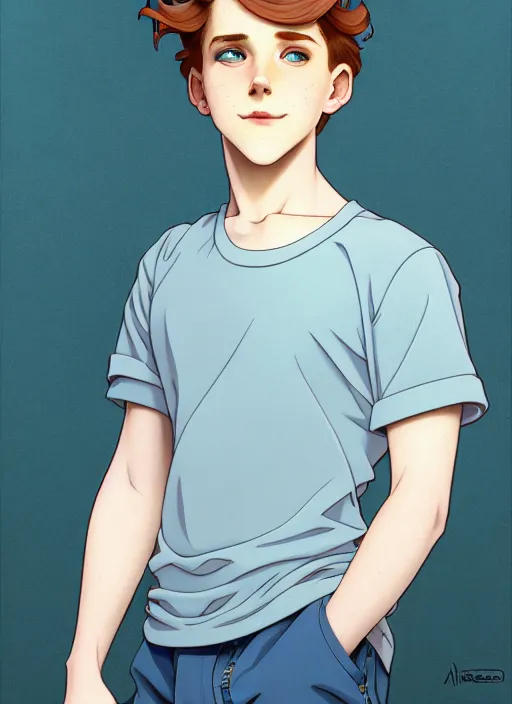 Image similar to art nouveau portrait of a teen boy with completely straight auburn hair, light blue eyes, pale skin, freckles, sad expression, t - shirt, modern casual clothing, natural lighting, path traced, highly detailed, high quality, cartoon, digital painting, by don bluth and ross tran and studio ghibli and alphonse mucha