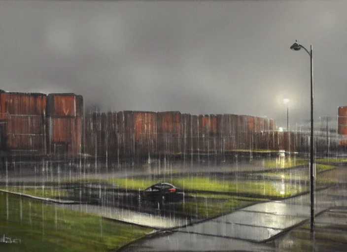 Image similar to oil landscape painting of a British housing estate, ambient light, grey skies and rain, high detail