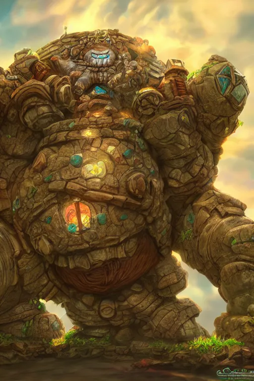 Image similar to zelda fantasy art giant golem troll wood rock greeble gemstone, global illumination ray tracing hdr fanart arstation by sung choi and eric pfeiffer and gabriel garza and casper konefal