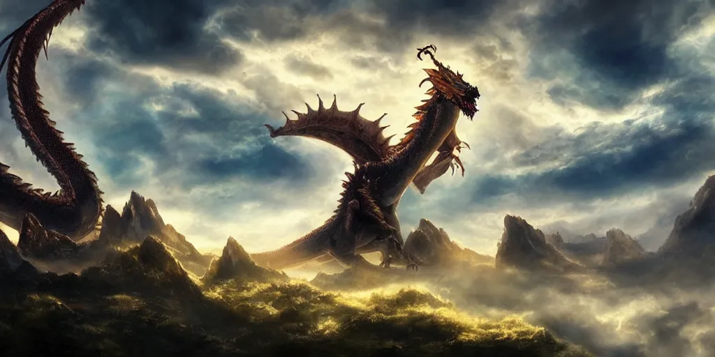 Prompt: ''giant dragon, long dragon, in the clouds, beautiful sky and sun shine, fantasy artwork, very beautiful scenery, cinematic shot, ultra detailed, by popular digital, details, beautiful art, high resolution, 8 k, artstation''