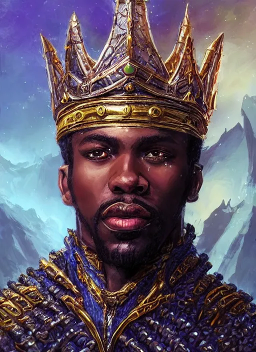 Prompt: black human king wearing a crown, gold, ultra detailed fantasy, dndbeyond, bright, colourful, realistic, dnd character portrait, full body, pathfinder, pinterest, art by ralph horsley, dnd, rpg, lotr game design fanart by concept art, behance hd, artstation, deviantart, hdr render in unreal engine 5