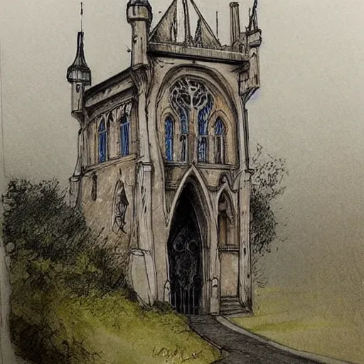 Image similar to (((((((v sketch of Gothic revival castle gatehouse))))))) . muted colors. by Jean-Baptiste Monge !!!!!!!!!!!!!!!!!!!!!!!!!!!!!!!!!!!!!!!! ((((((((((((((((((watercolor sketch))))))))))))))))))