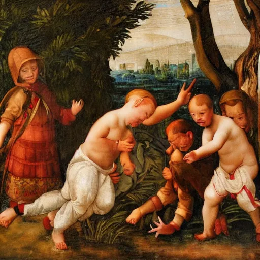 Image similar to children playing in heavy rain, painting, sharp, clear faces, highly detailed photo, style of high renaissance period