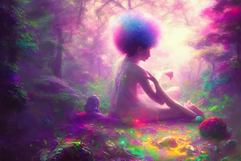 Image similar to a psychedelic realm hidden away in a pocket of ethereal understanding | astral beings sharing love greg rutkowski wlop lisa frank bob ross | ruan jia | illustration