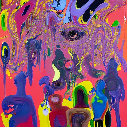 Image similar to people in the crowd, an ultrafine detailed painting by peter max and francis bacon and fiona rae and maryam hashemi and hernan bas and anna mond and max gubler, featured on deviantart, metaphysical painting, neo expressionism, pop surrealism, melting paint, biomorphic, mixed media, photorealistic, dripping paint, palette knife texture, masterpiece