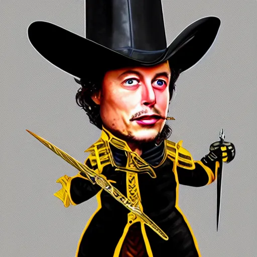 Image similar to elon musk as a musketeer, he has a big black hat and holds a shiny sword, digital art