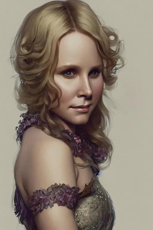 Image similar to chubby kristen bell, intricate, elegant, highly detailed, digital painting, artstation, concept art, smooth, sharp, focus, illustration, art by artgerm and greg rutkowski and alphonse mucha