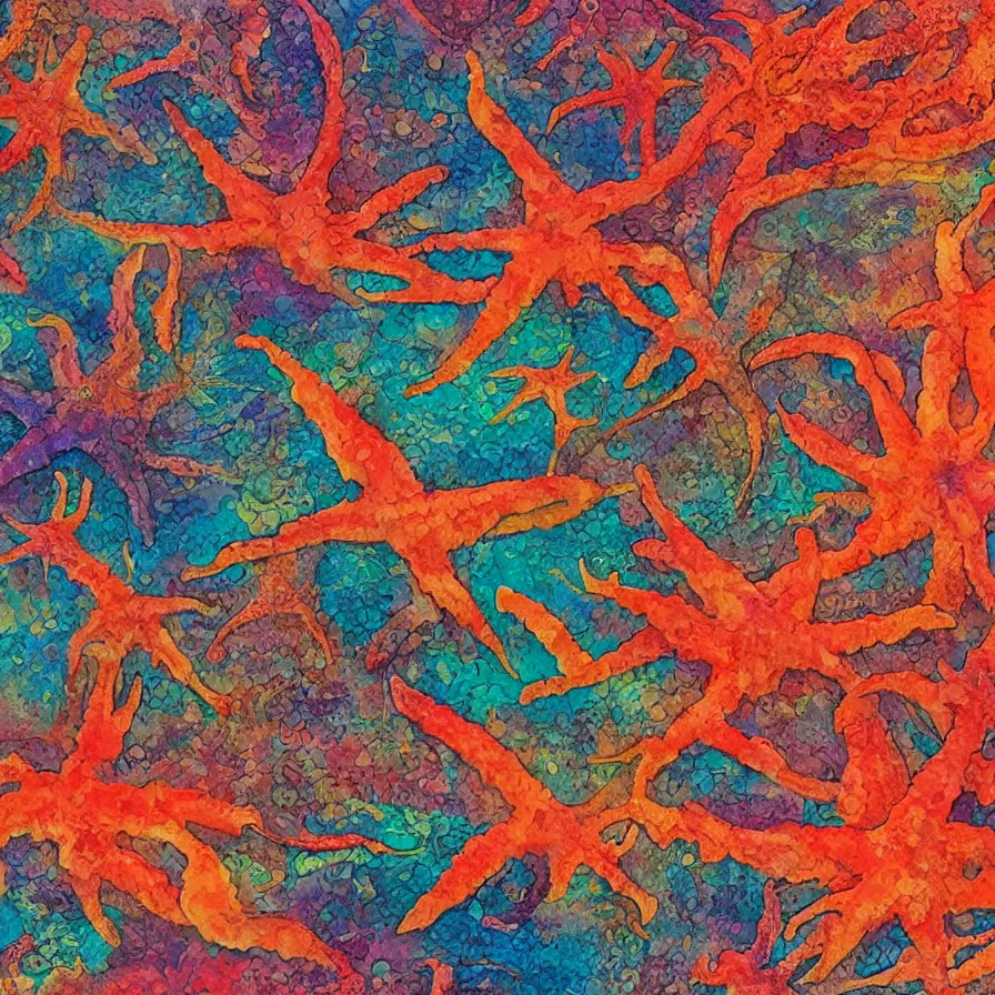 Image similar to album art of an alien landscape made out of different coloured corals and starfish, omni magazine, detailed