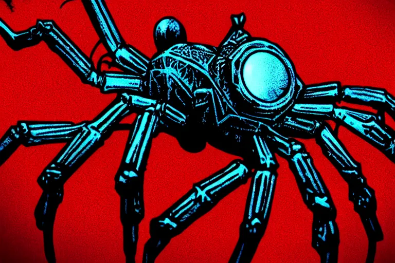 Image similar to steampunk spider!, in the style of denitza, trending on artstation, halfrear lighting closeup view anaglyph filter, bokeh, anime, comic book art